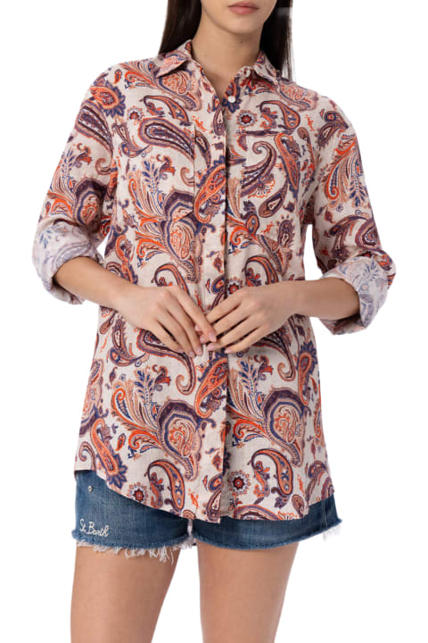Homeware MC2 Saint Barth Woman Linen Shirt Alodie With Paisley Print And Pockets