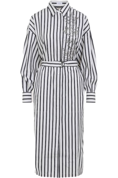 Brunello Cucinelli for Kids Brunello Cucinelli Regimental Cotton-silk Poplin Dress With Glistening Herbarium Embroidery