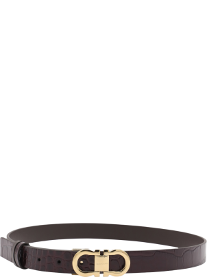 Ferragamo Black And Dark Barolo Leather Reversible Gancini
