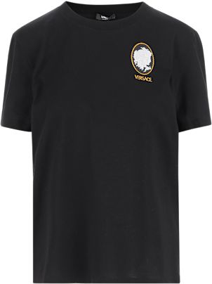 Tシャツ・カットソー VERSACE Women Tops 78HAFM07 CMN45G89 BLACK V-Emblem T-Shirt Dress Black,Gold | VERSACE
