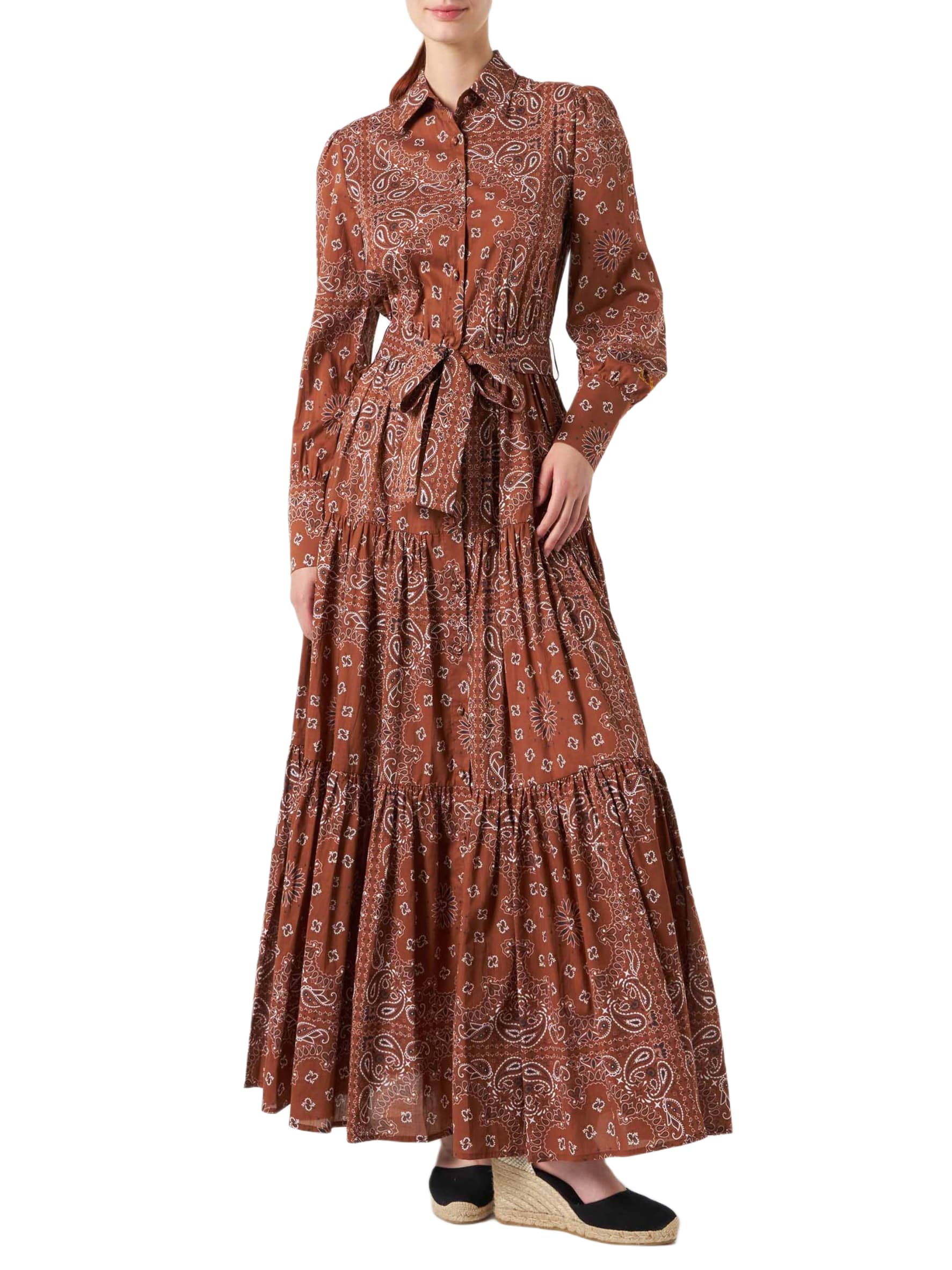 woman brown bandanna long dress jensen