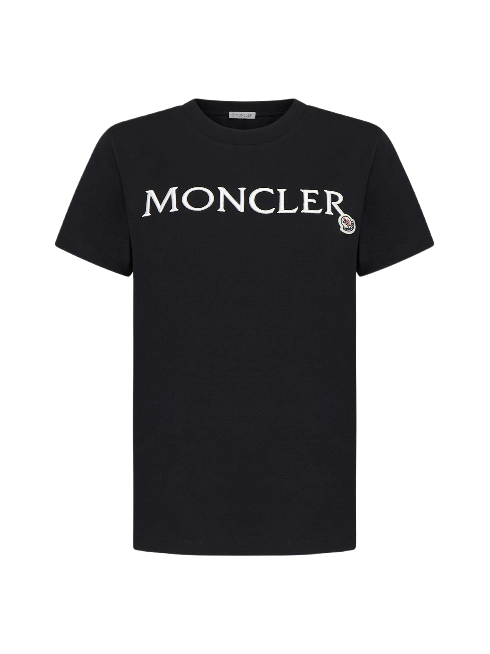 MONCLER ロコハッチクルネックTシャツ 8C0001589AIJ 999BLACK Moncler logo-patch Cotton T-shirt | Black | FARFETCH
