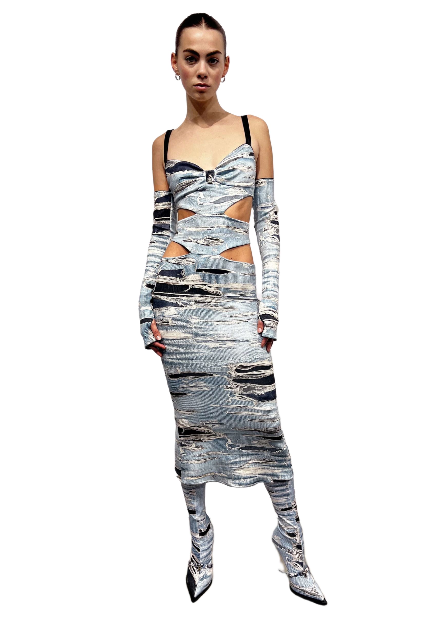 long dress with decorative splits and thin straps. iconic runway denim-effect pattern.