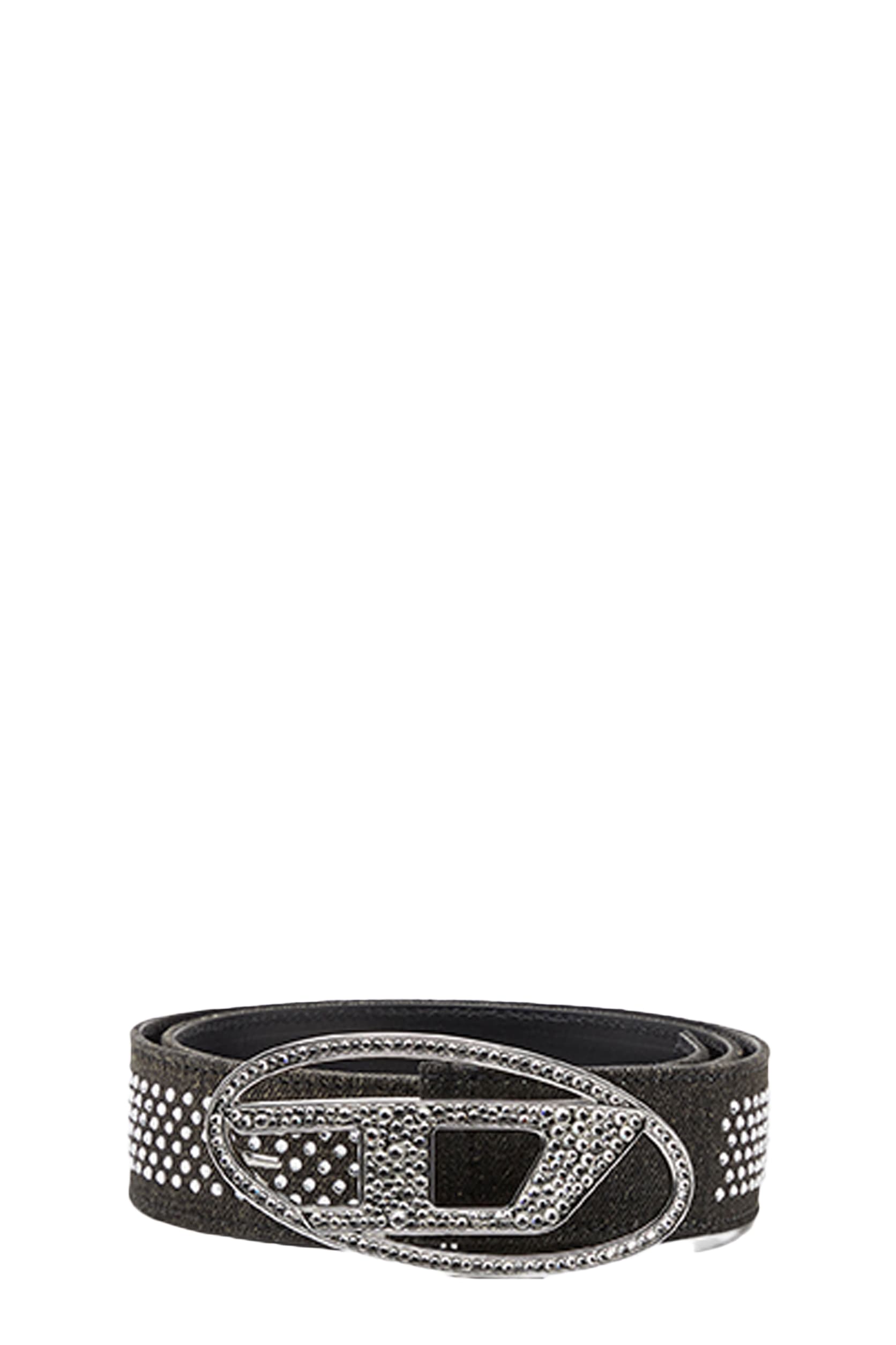 Diesel Oval D Logo B-1dr Strass Black denim and leather belt with