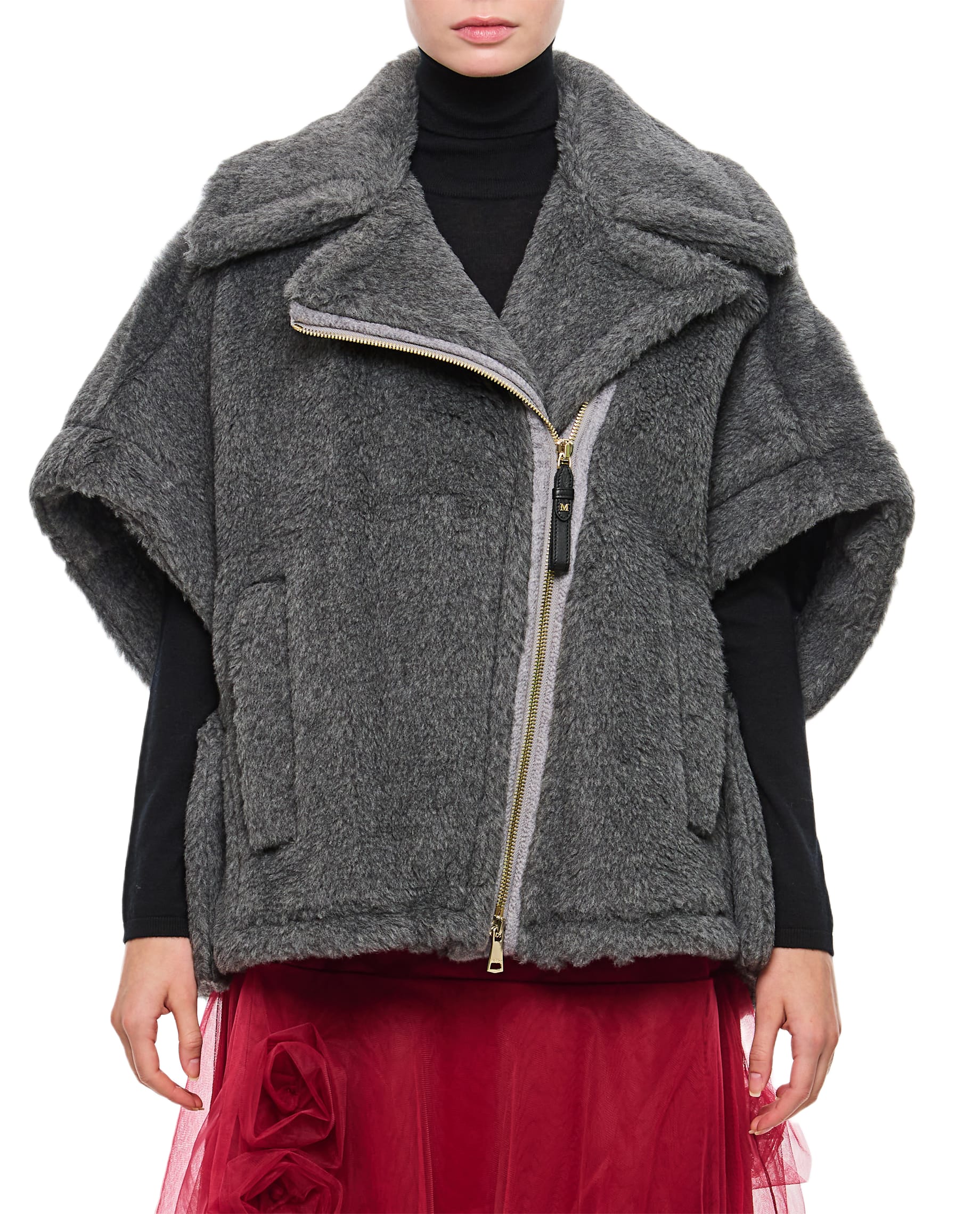 ポンチョ・ケープ Max Mara Black Teddy Newmanto1 Biker Cape Max Mara Black Teddy Newmanto1 Biker Cape - NWT