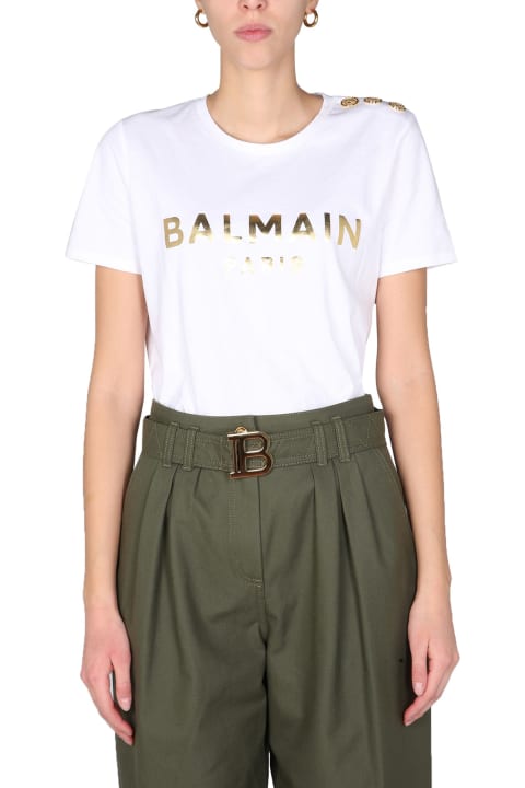 Balmain T-shirt With Laminated Logo Print - White gold