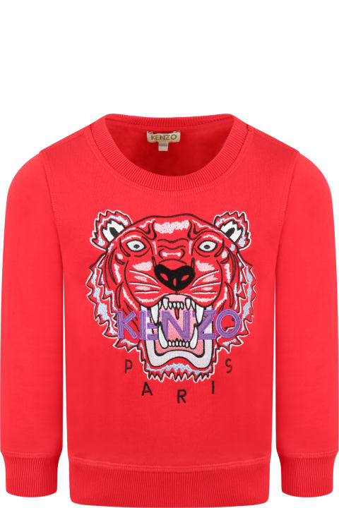 Kenzo Kids Red Sweatshirt For Girl With Iconic Tiger - Grigio