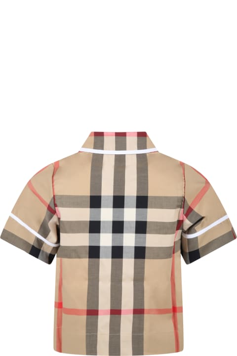 Beige Polo Shirt For Girl With Vintage Checks