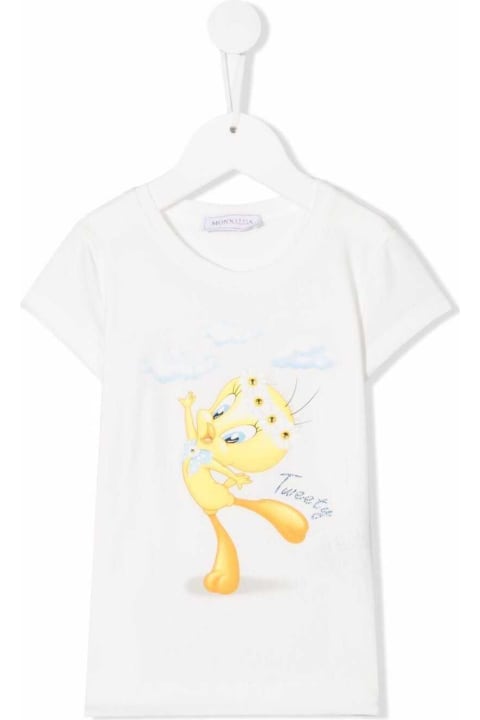 Monnalisa White Cotton T-shirt With Tweety Print - Beige