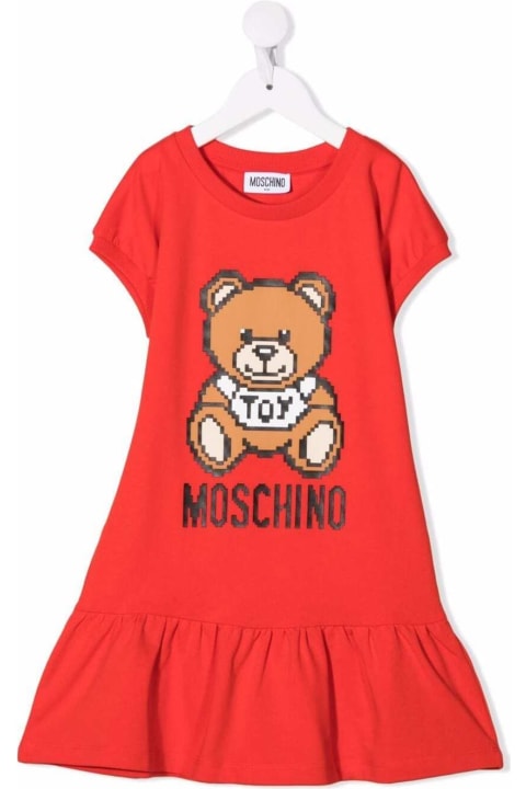 Red Cotton Dress With Teddy Bear Print