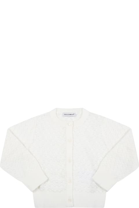 White Cardigan For Baby Girl With Logo
