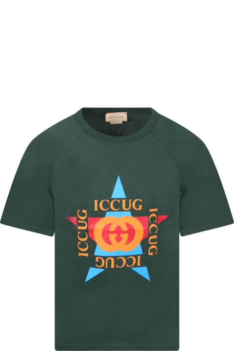 Gucci Green T-shirt For Boy With Logos - White Multicolor