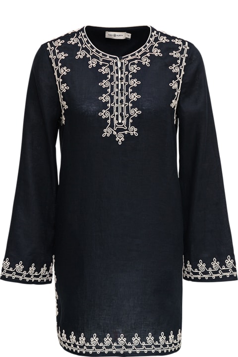 Embroidered Black Linen Kaftan Dress