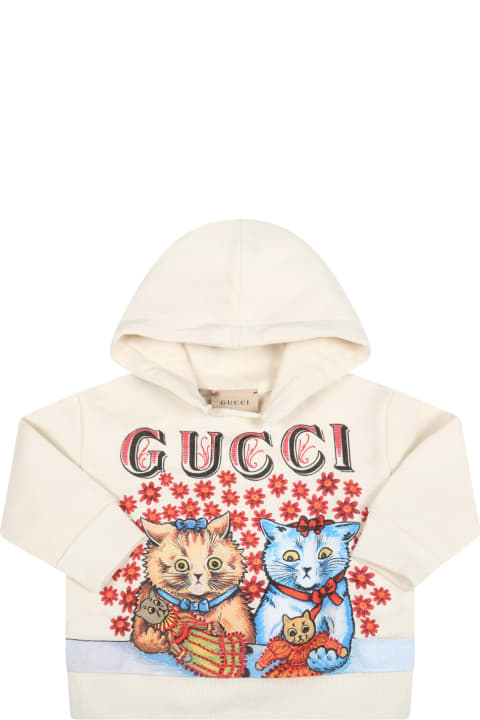 Ivory Sweatshirt For Babykids With Cats And Multicolor Logo