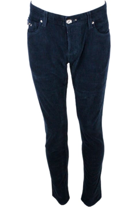 Leonardo Trousers In Velvet With Wide French Rib In Stretch Cotton With Five America Pockets With Tailored Stitching
