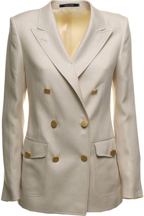 Hilda Double-breasted Blazer In Ivory Color Linen