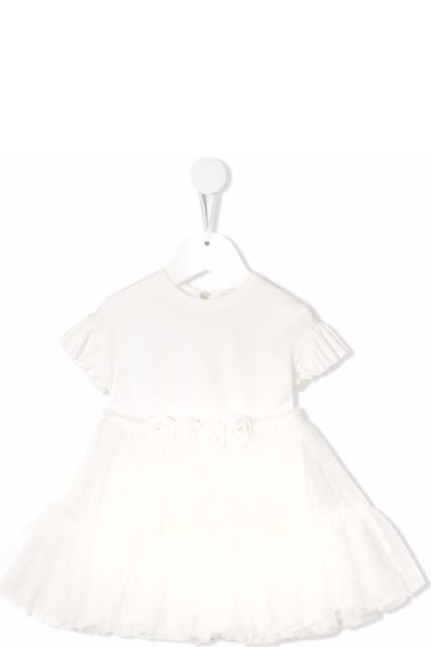 Monnalisa White Viscose And Tulle Dress With Rose Detail - Panna