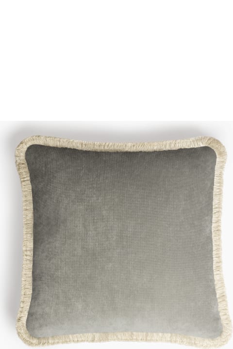Lo Decor Happy Pillow Velvet  Light Grey With Dirty White  Fringes - white / black