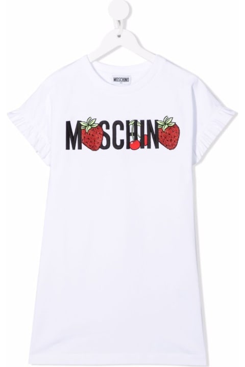 Moschino Kids Girl's White Cotton T-shirt With Strawberry Logo Print