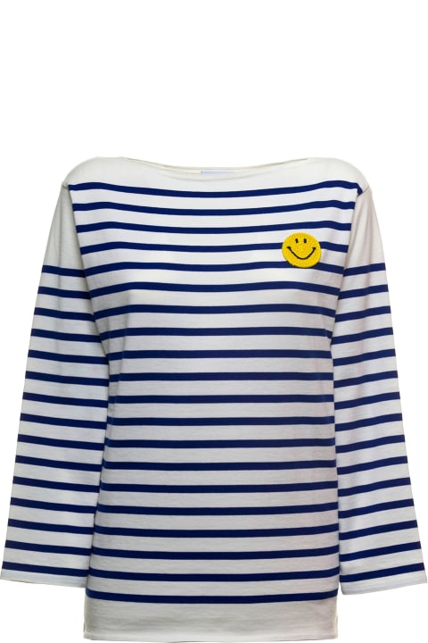 White And Blue Striped Cotton Boat Neck Sweater