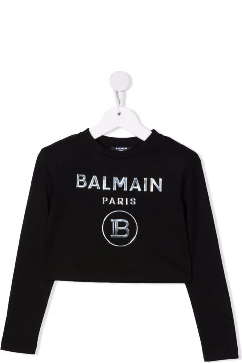 Balmain Kids Black Long Sleeve T-shirt With Metallic Silver Logo - Bianco
