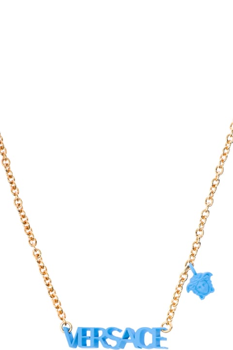 Versace Woman's Light Blue Metal Chain Necklace With Logo