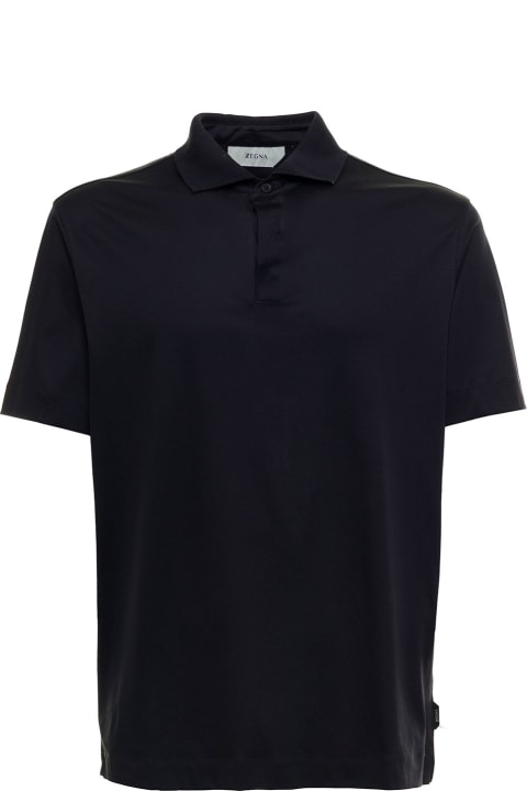 Z Zegna Short Sleeves Blue Cotton Polo Shirt - Blu