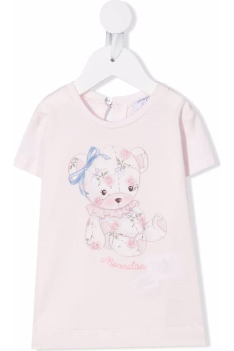 Monnalisa Pink Cotton T-shirt With Teddy Bear Print - Bianco