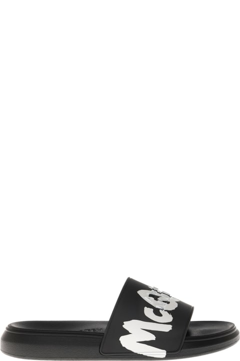 Black Rubber Slide Sandals With Logo