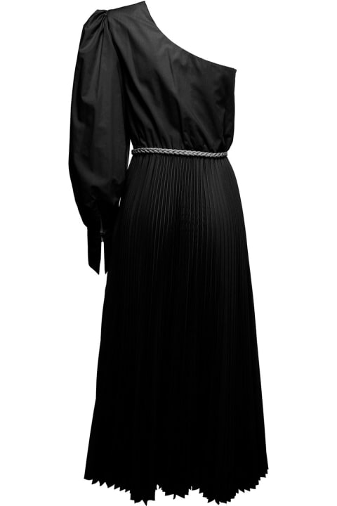 One Shoulder Black Cotton  Long Dress Black With Belt