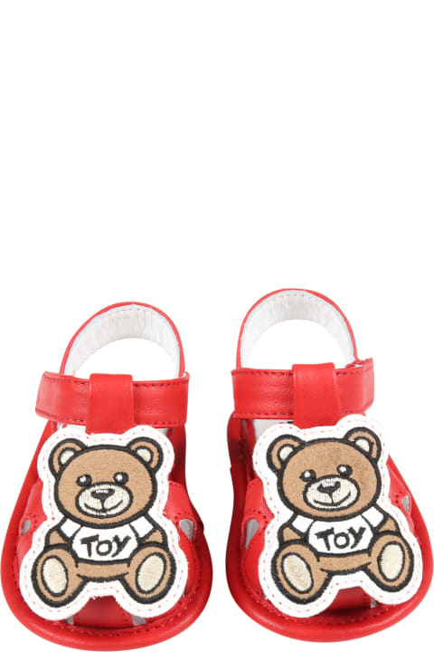 Moschino Red Sandals For Babykids With Teddy Bear And White Logo - Fucsia