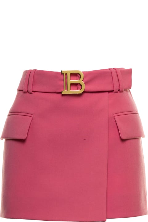 Balmain Pink Wool Skirt With B Belt - Cream