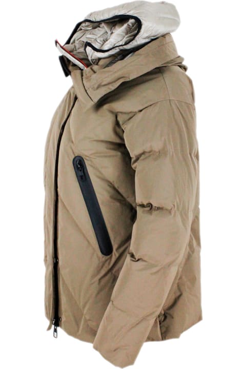 Down Jacket In Real Goose Down With Chevron Pattern With Diamond Quilting, With Double Hood With The Internal One With Detachable Front