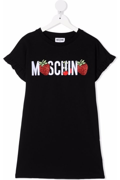 Moschino Black Cotton Dress With Strawberry Logo Print - Black