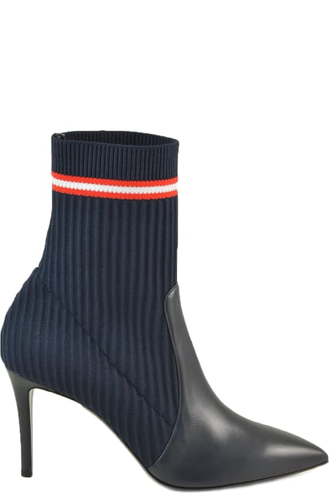 Dark Blue Leather And Fabric Sock Booties