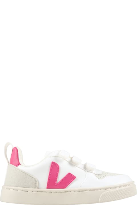 White Sneakers For Girl With Fuchsia Logo