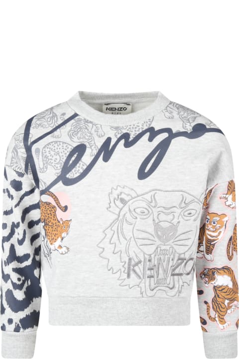 Kenzo Kids Grey Sweatshirt For Girl With Tigers - Verde