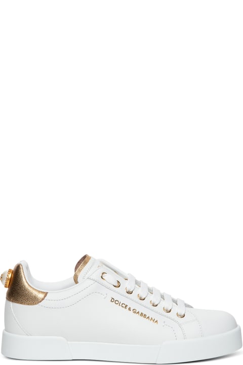 Dolce & Gabbana Leather Sneakers With Gold Colored Details - Bianco