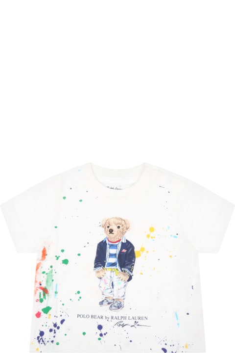 Ralph Lauren White T-shirt For Baby Boy With Iconic Bear - Blue