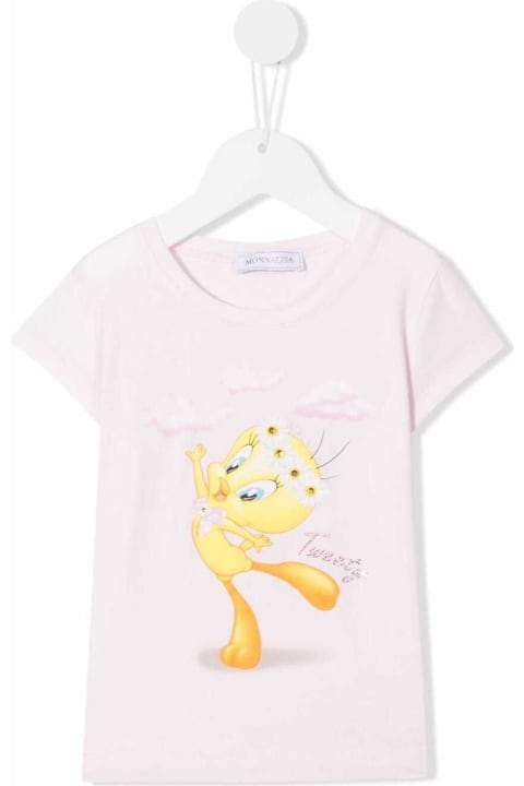 Monnalisa Pink Cotton T-shirt With Tweety Print - Bianco/rosso