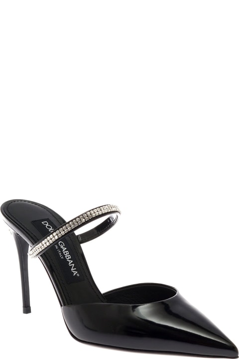 Dolce & Gabbana Woman's Glossy Black Leather Mules With Crystal Detail