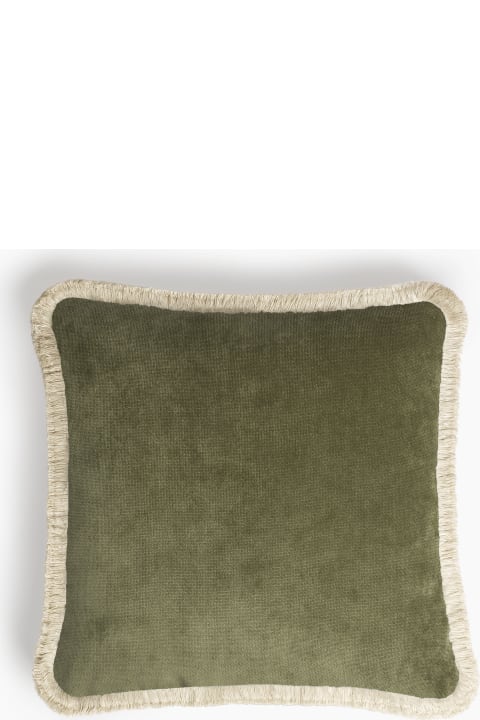 Happy Pillow  Olive Green Velvet Dirty White Fringes