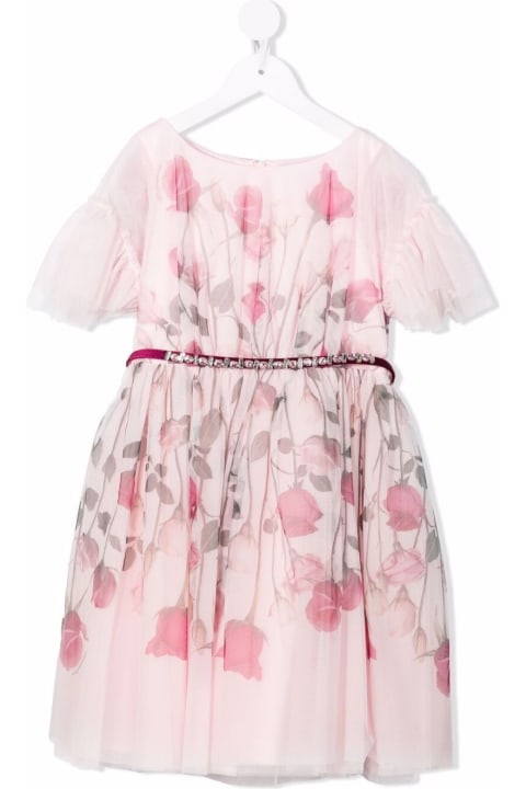 Monnalisa Pink Tulle Dress With Floral Print And Belt - Bianco/fucsia