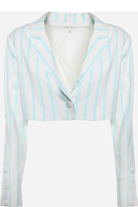 For Love & Lemons Short Blazer In Stretch Linen With Striped Print - White, teal