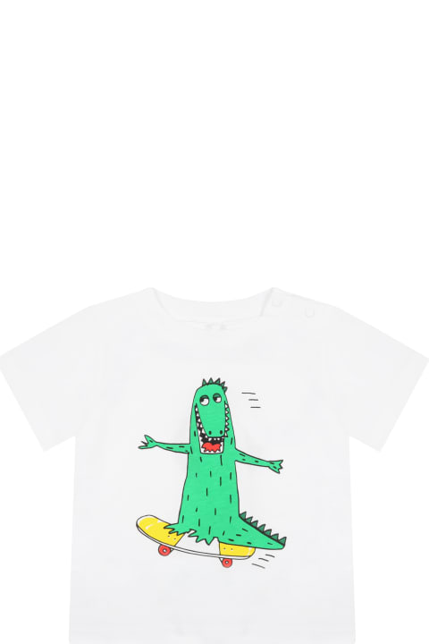 Stella McCartney Kids White T-shirt For Baby Boy With Green Crocodile - Multicolor