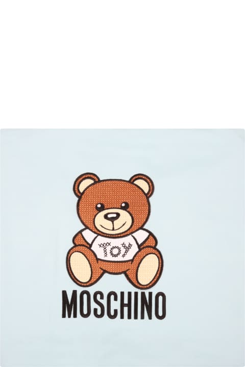 Moschino Light-blue Blanket For Baby Boy With Teddy Bear - Blu
