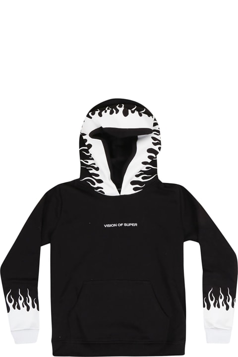 White Cotton Black Hoodie With White Flames