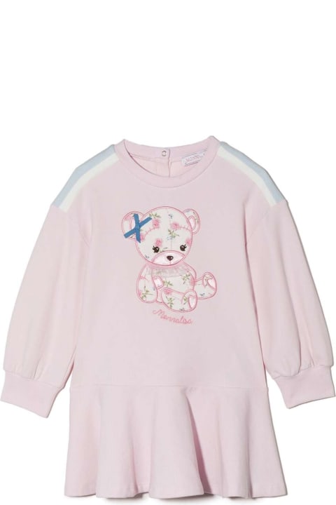 Pink Cotton Dress With Teddy Bear Print