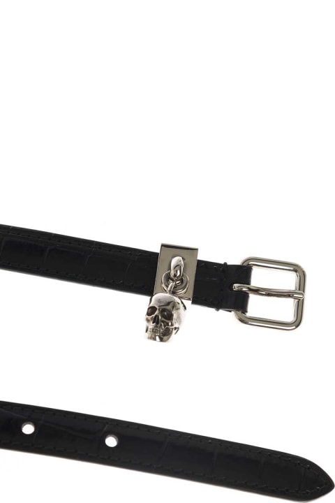 Alexander McQueen Double-turn Black Leather Belt With Skull Logo - White/coral