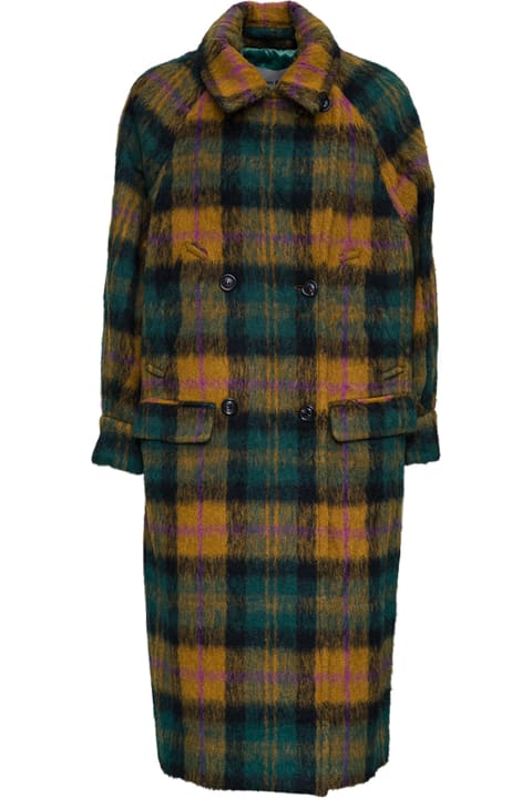 Andersson Bell Double-breasted Check Wool Long Coat - Cyan